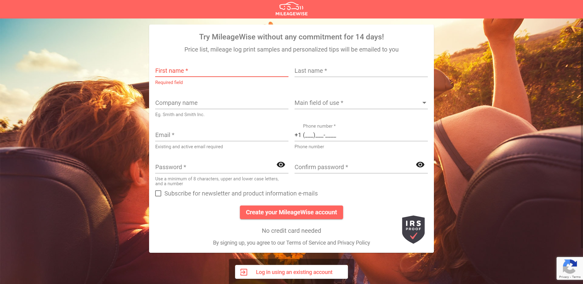 MileageWise Entering yourdetails