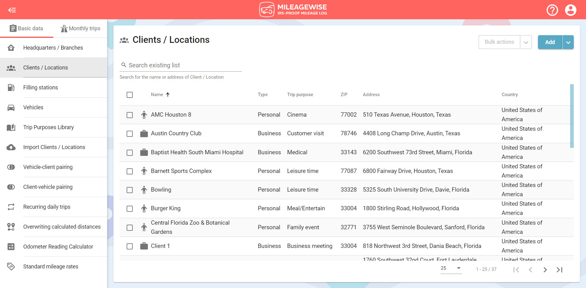 mileage log clients