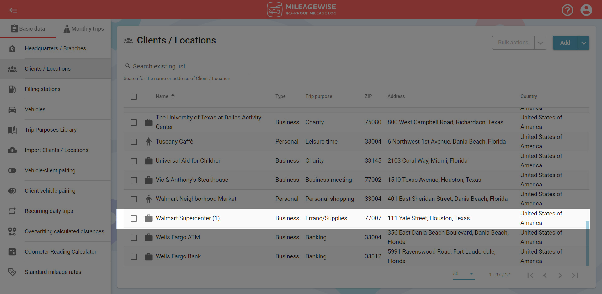 mileage log locations