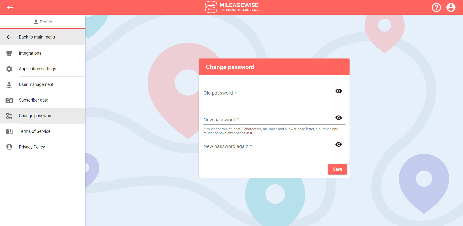 changing password in MileageWise dashboard