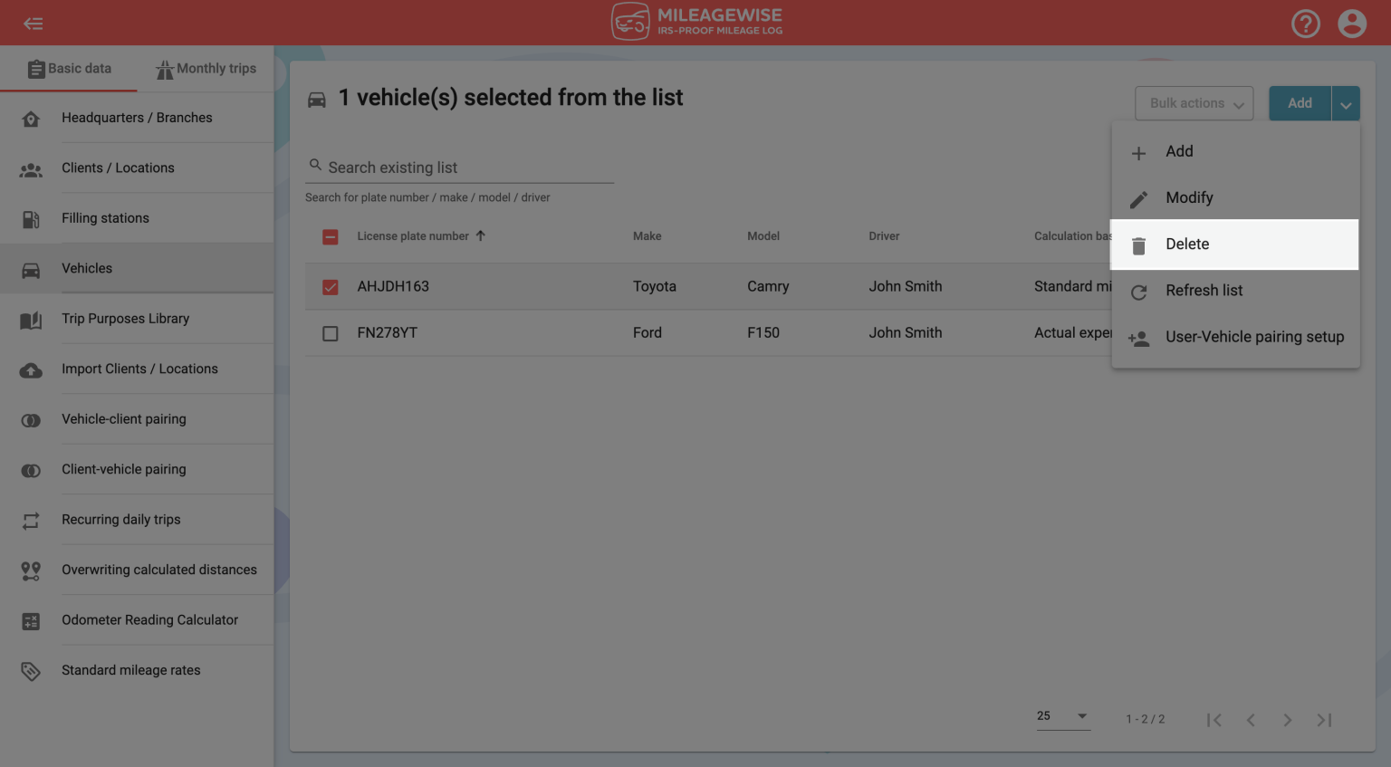 How to delete a vehicle Step by step MileageWise Help