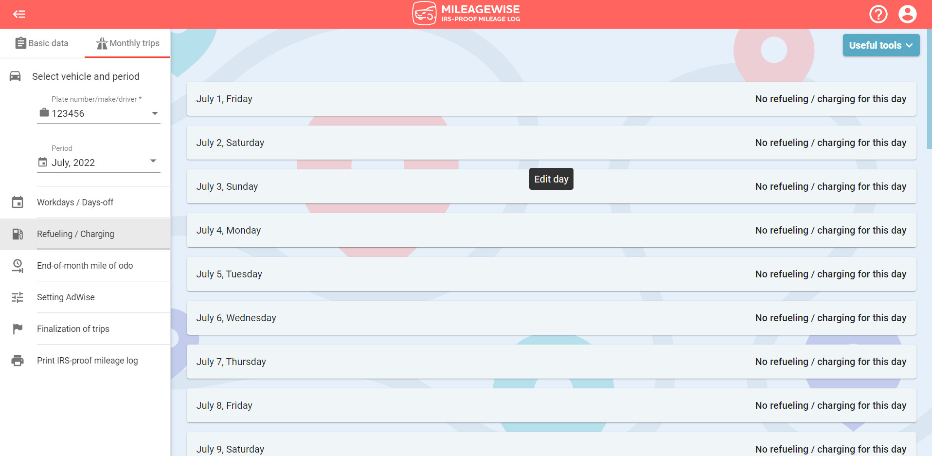 mileage log list view