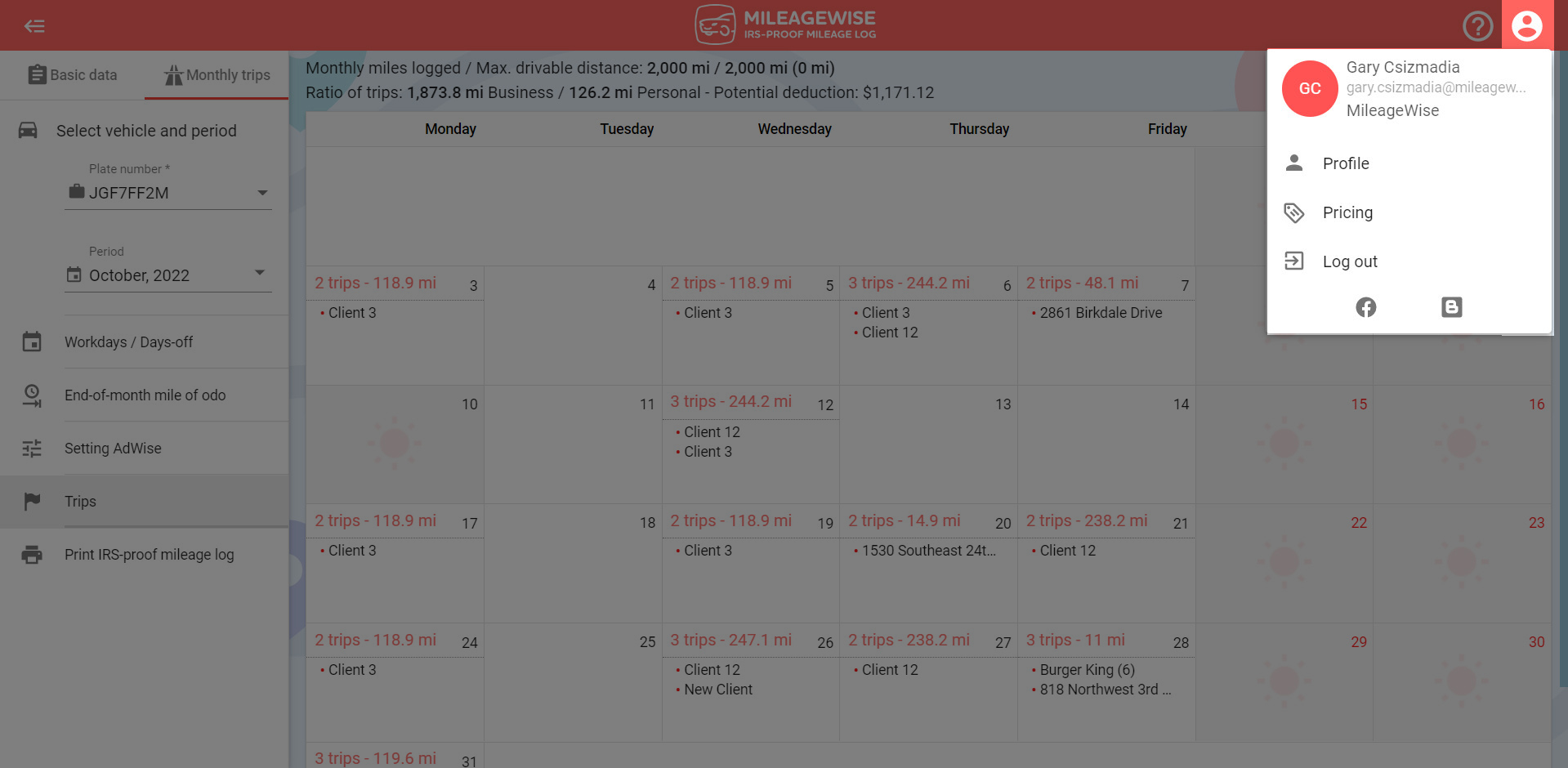 MileageWise profile options