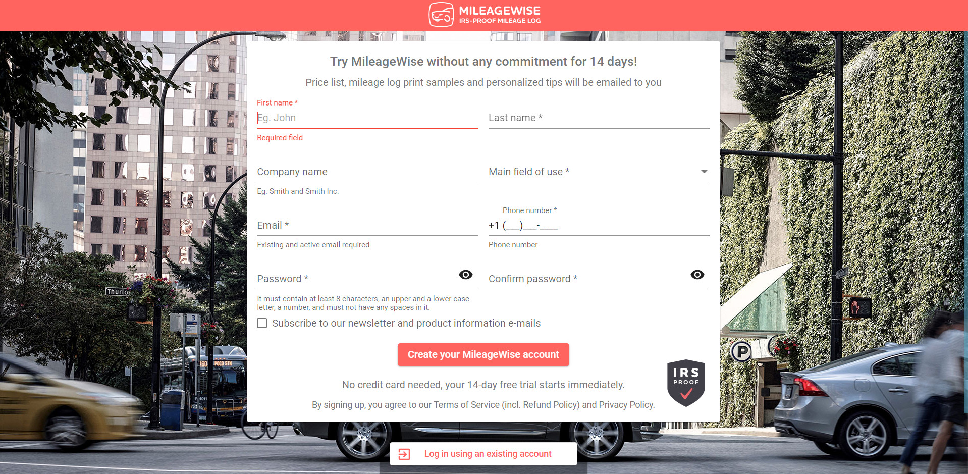 MileageWise register