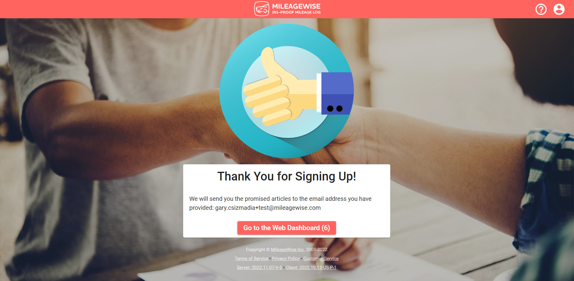 MileageWise successful signup