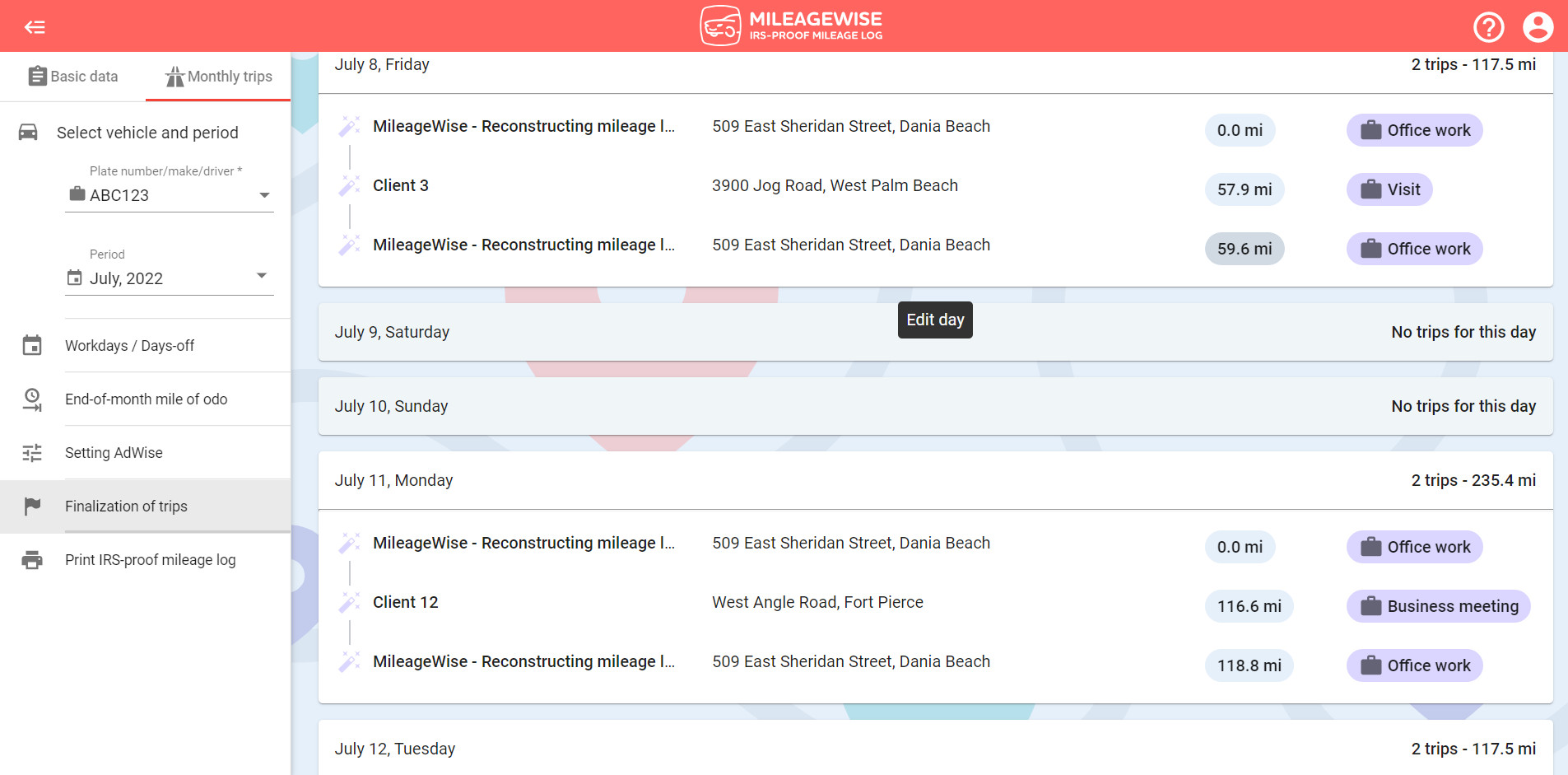 mileagewise list view