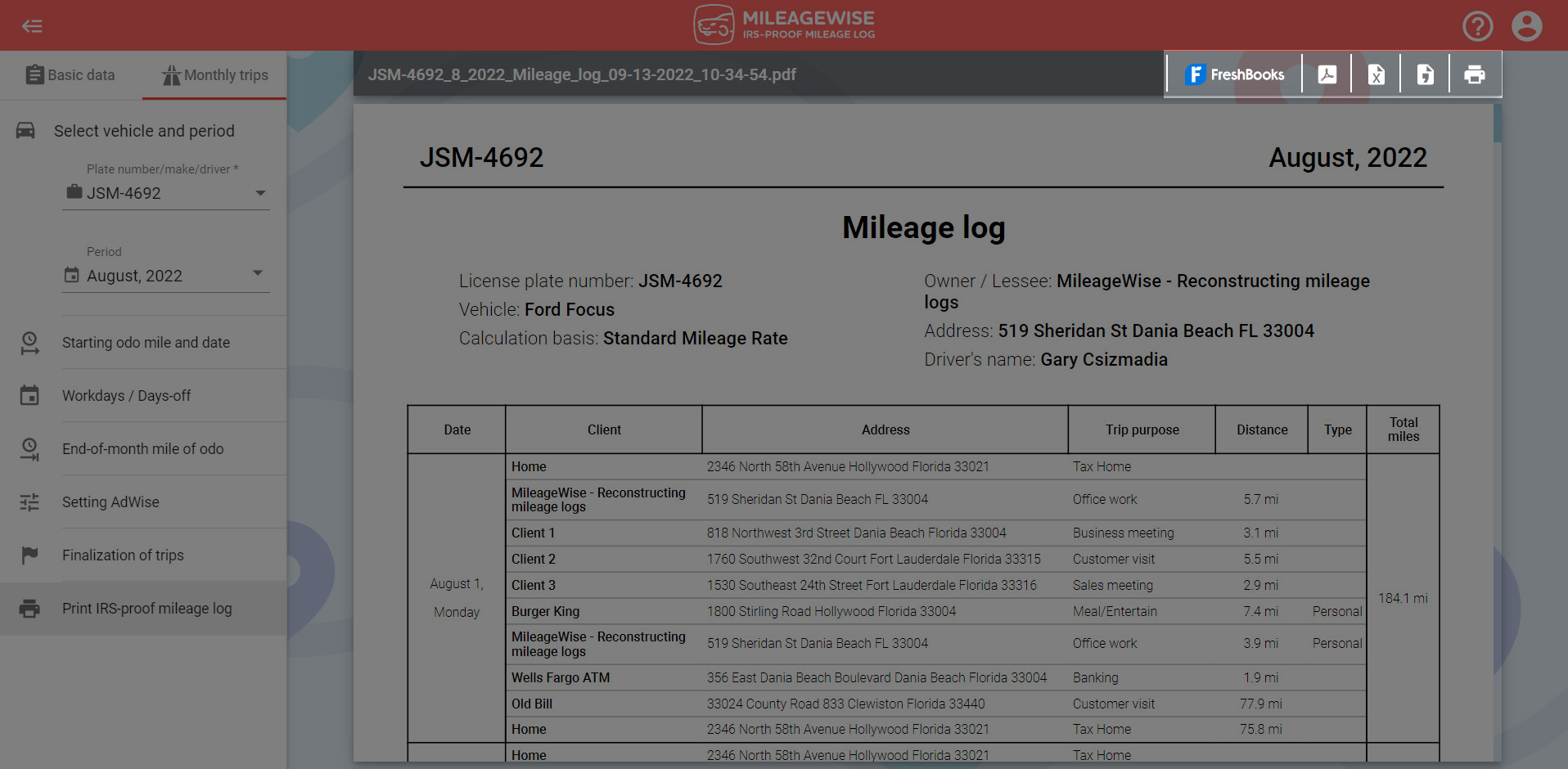 mileage log printed