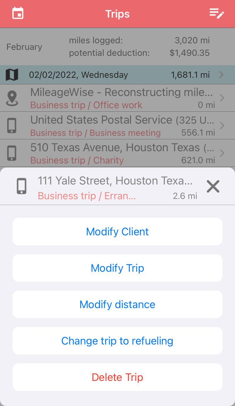 Mileage tracker modify trips