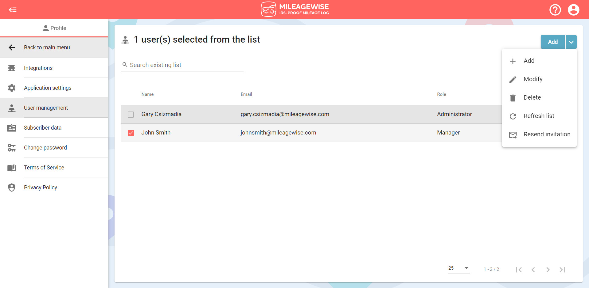 modify user in MileageWise