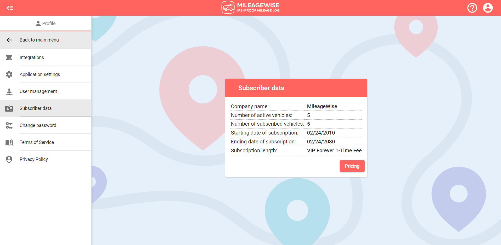 MileageWise subscriber data