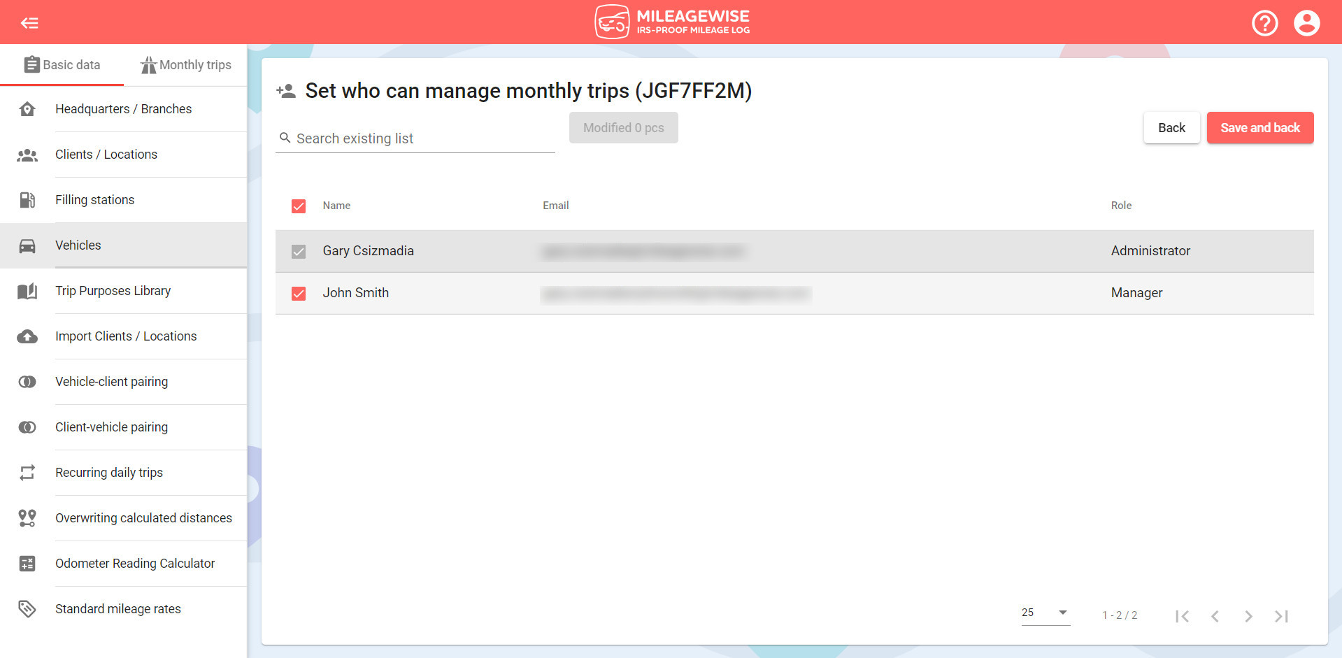 MileageWise vehicle to user setup