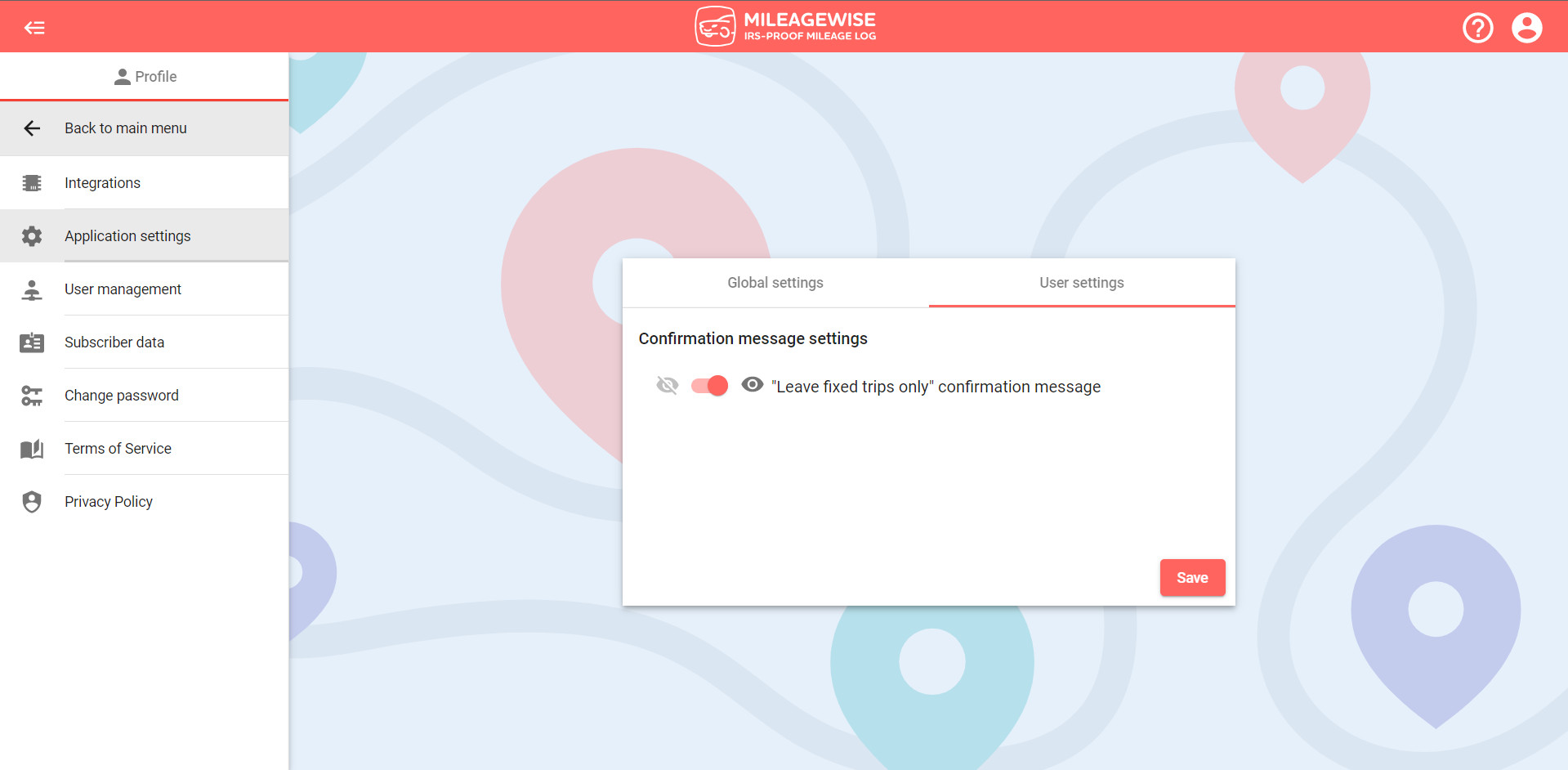 MileageWise user settings