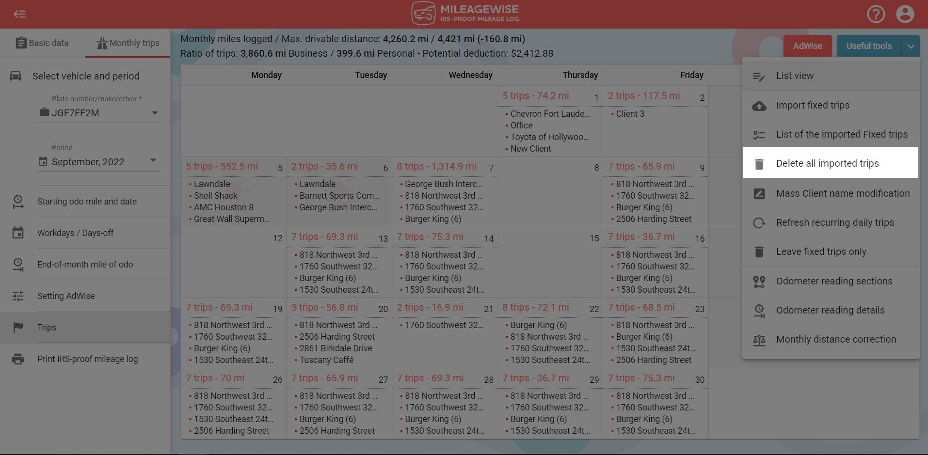 deleting all imported trips in MileageWise