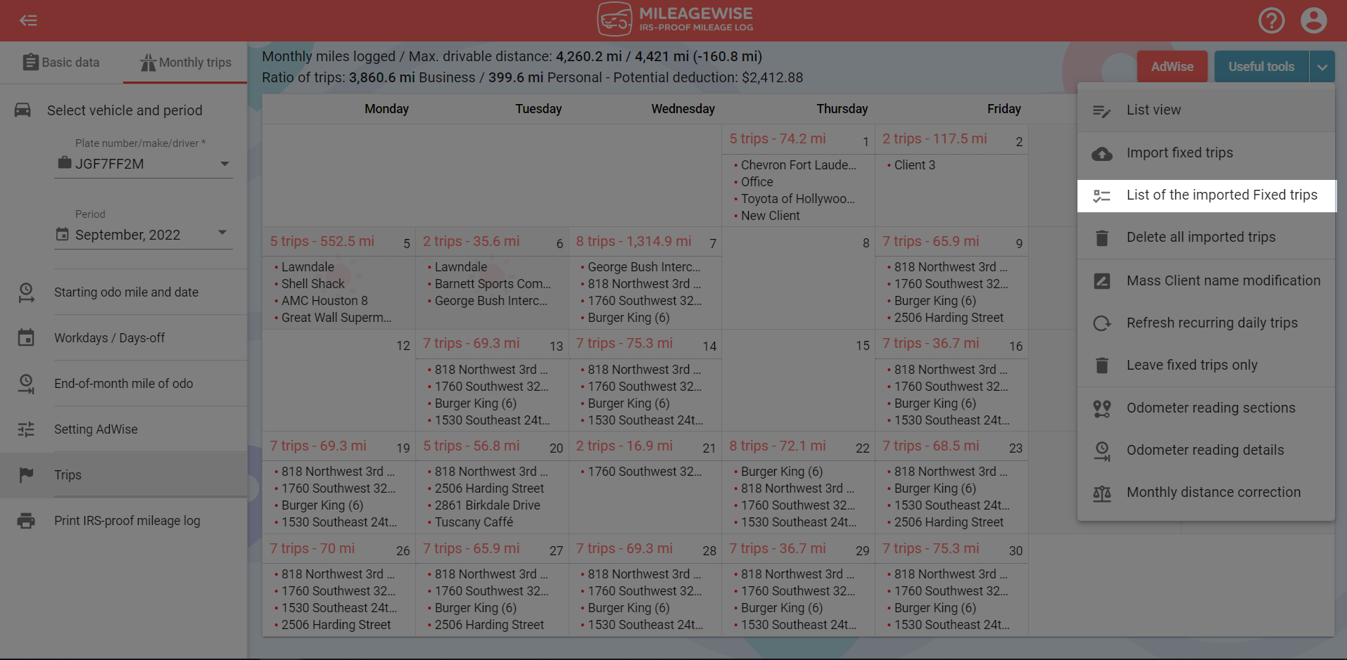 MileageWise list of imported trips