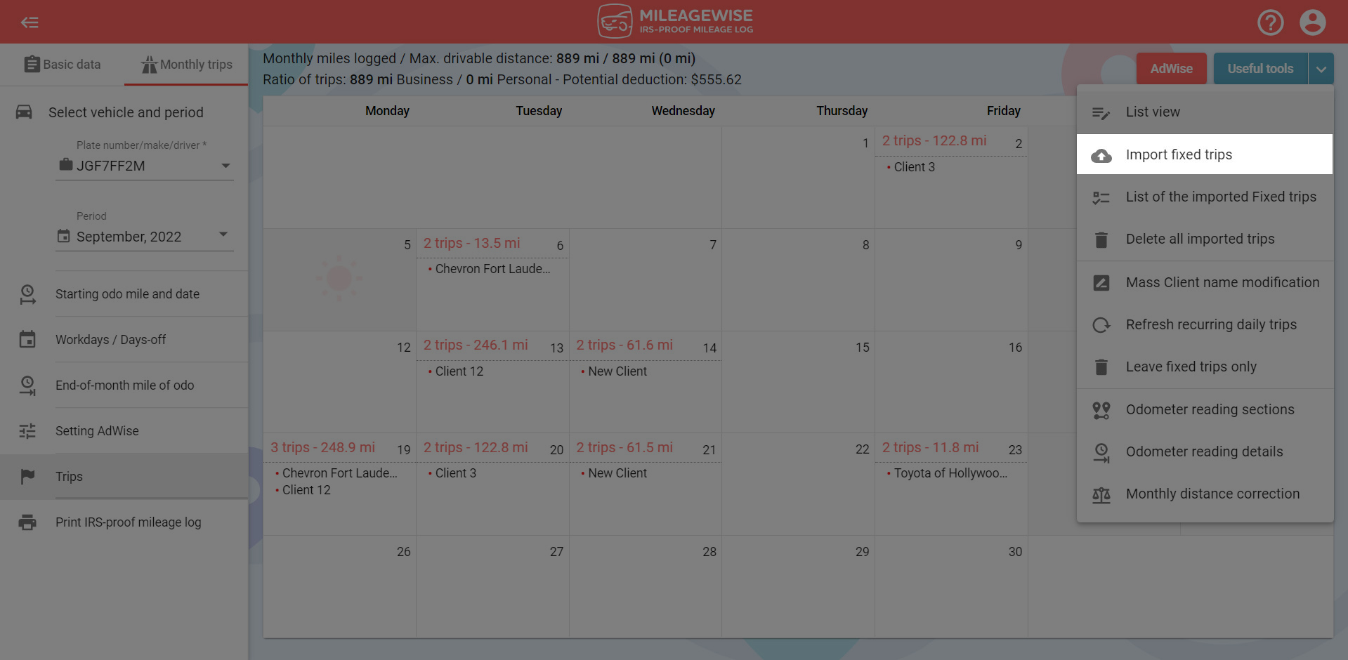 importing fixed trips for mileage log