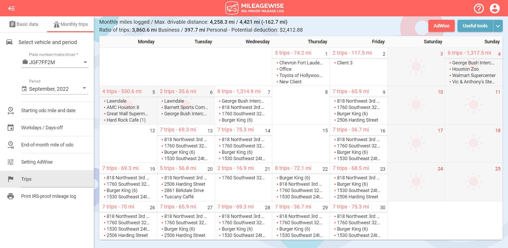 MileageWise monthly trips