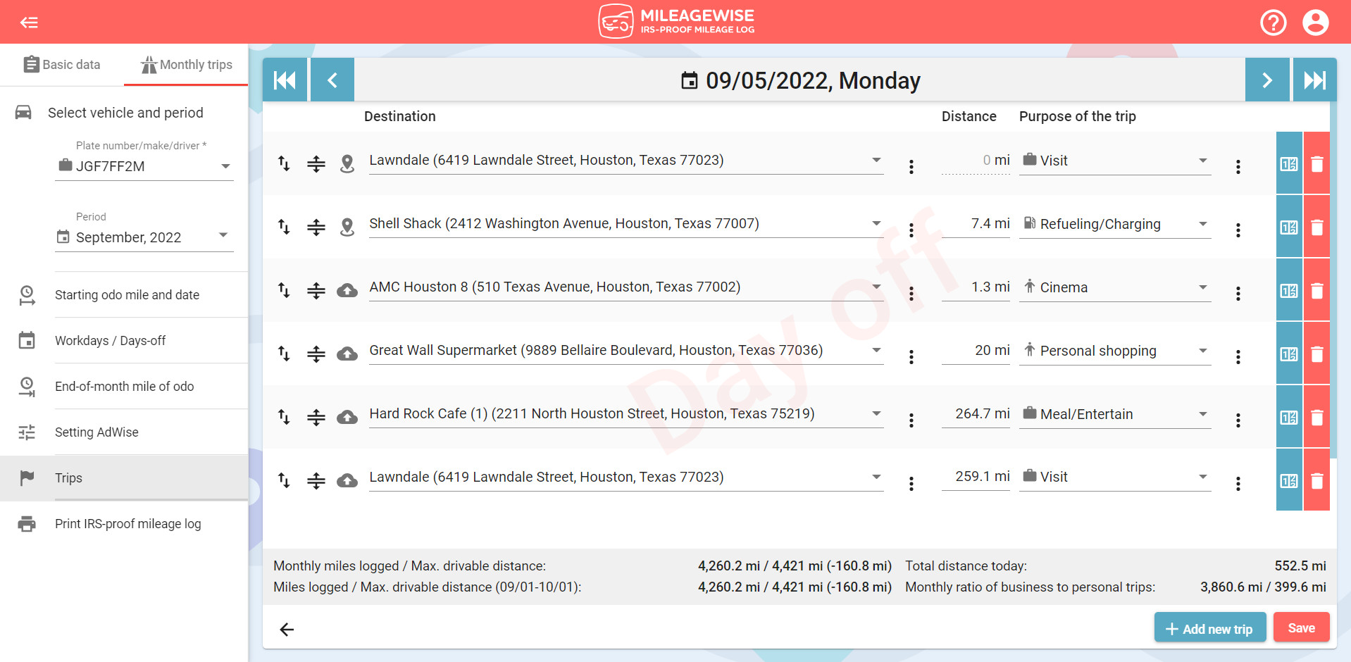 editing trips in day view