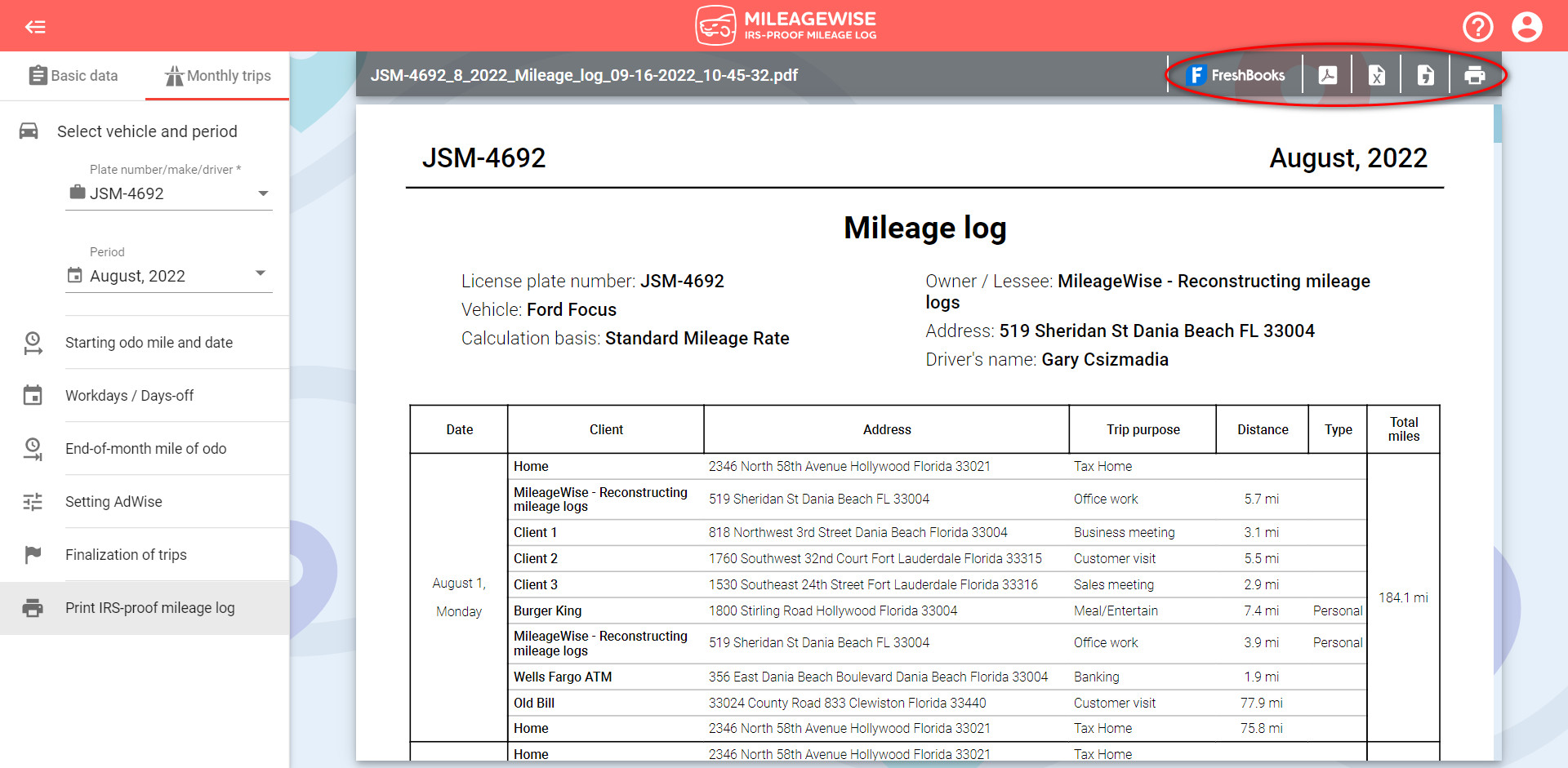 mileage log circled