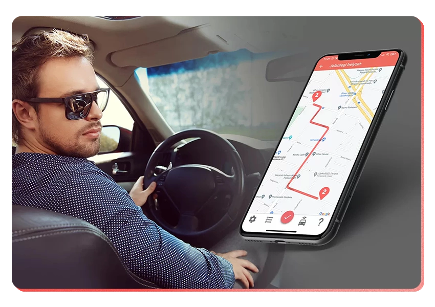 man in car with mileage app