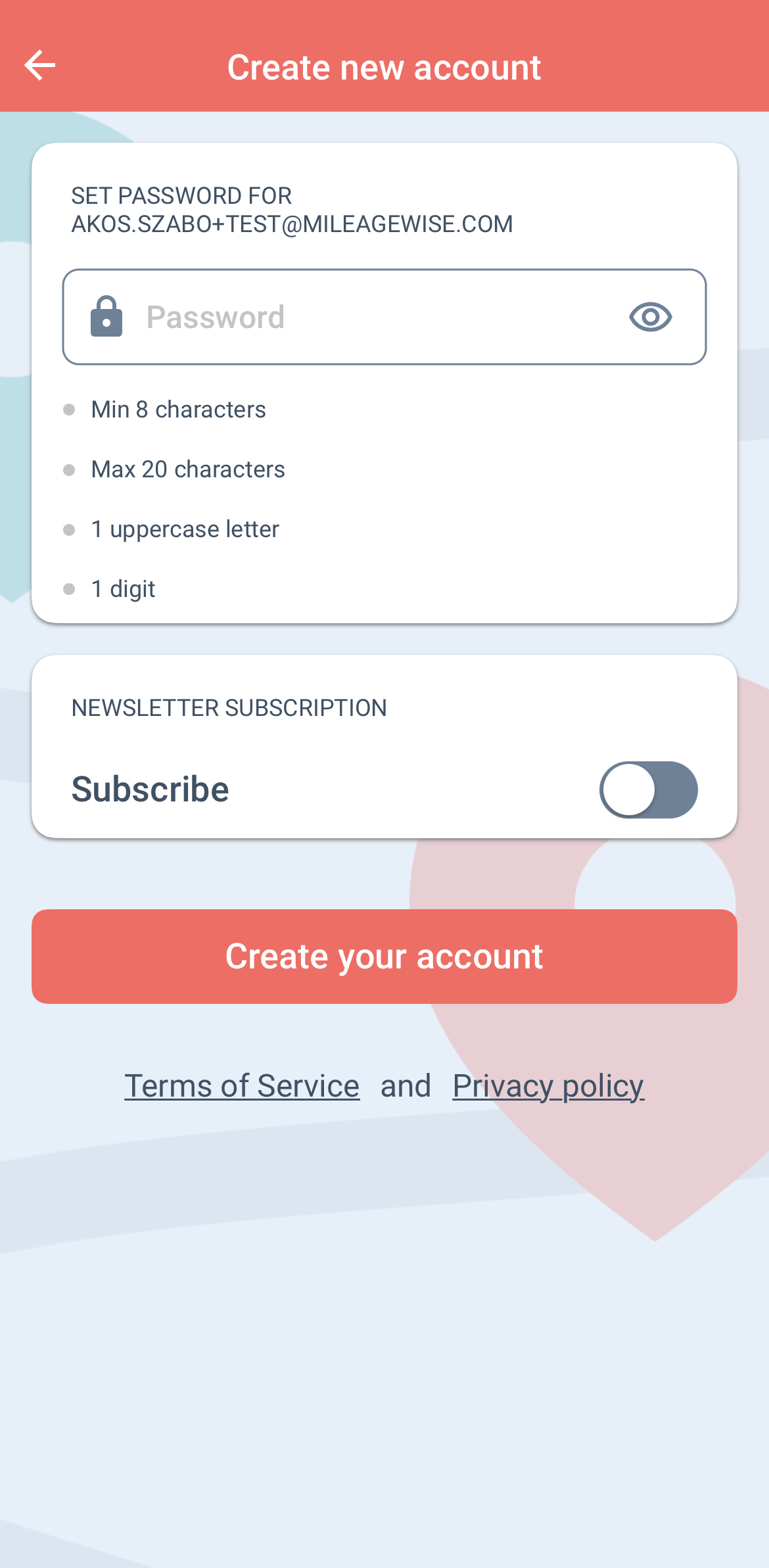 mileagewise mobile registration password