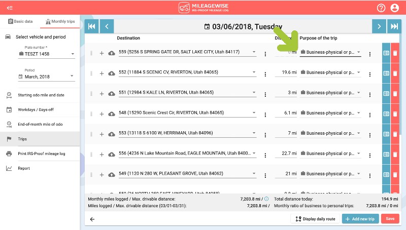 edit the purpose of your trips with the mileagewise web dashboard