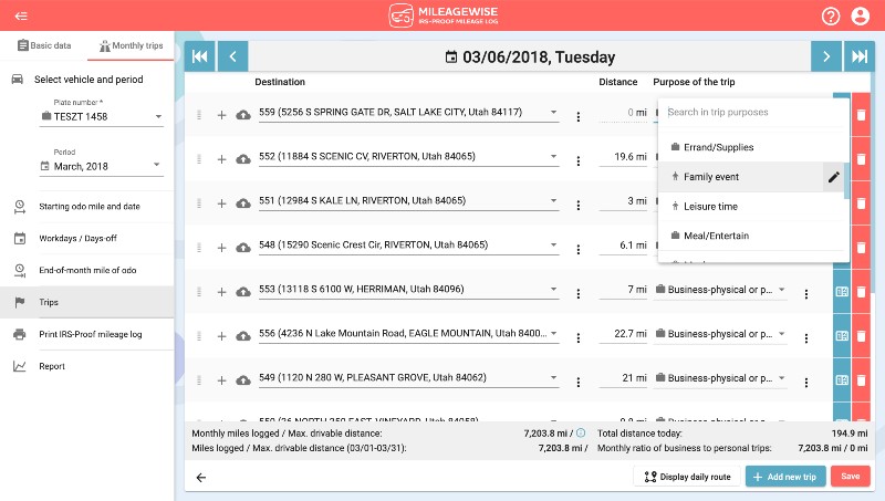 edit personal and business trips on the mileagewise web dashboard