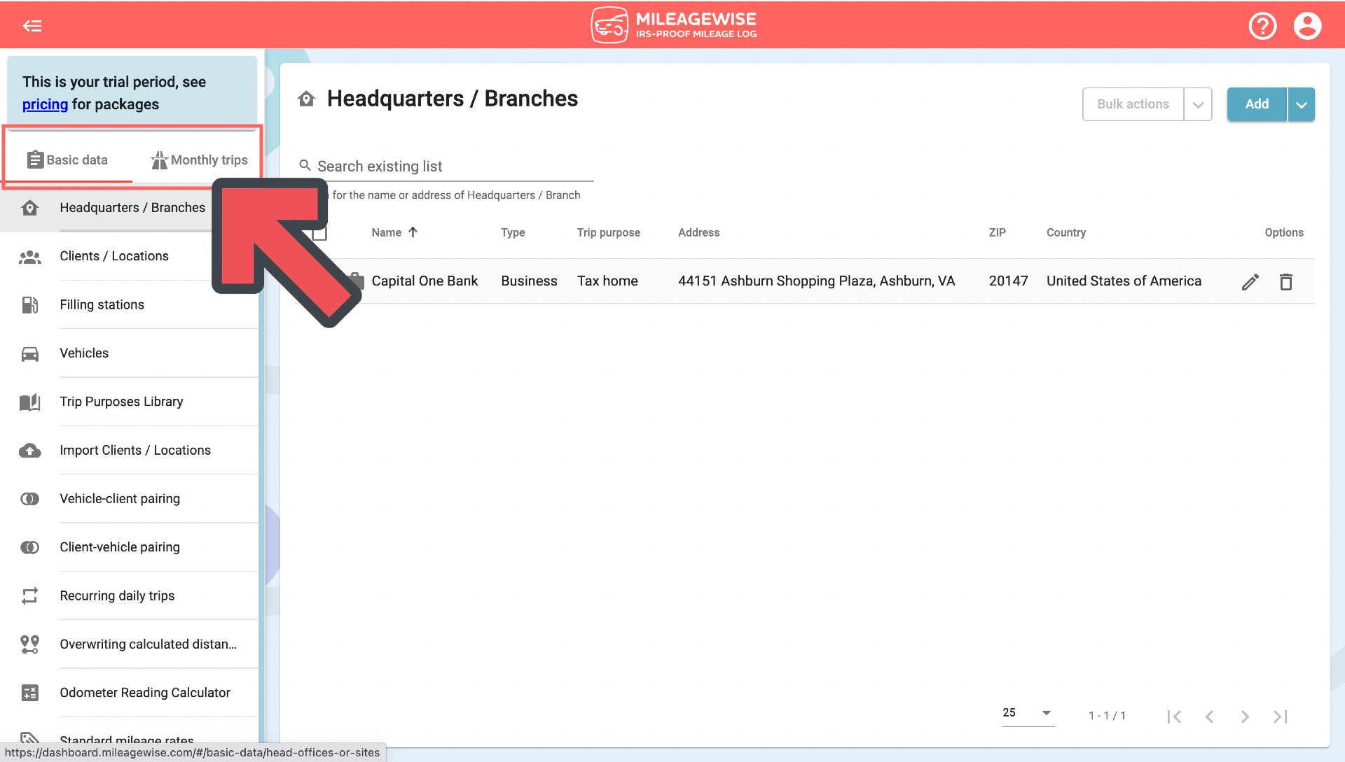 operate the mileagewise web dashboard by toggling between the two major tabs of basic data and monthly logs