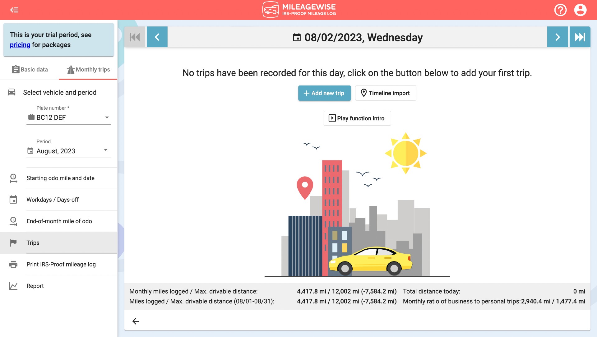 add a new trip manually to the mileagewise web dashboard