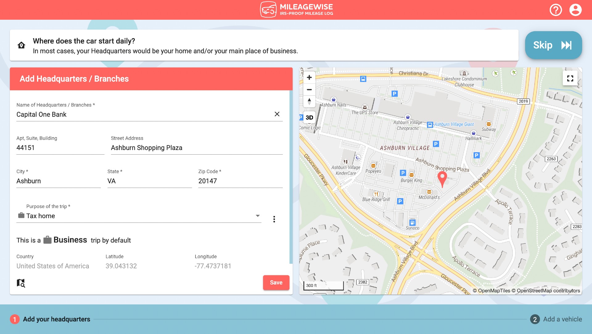 setup headquarter in mileagewise web dashboard