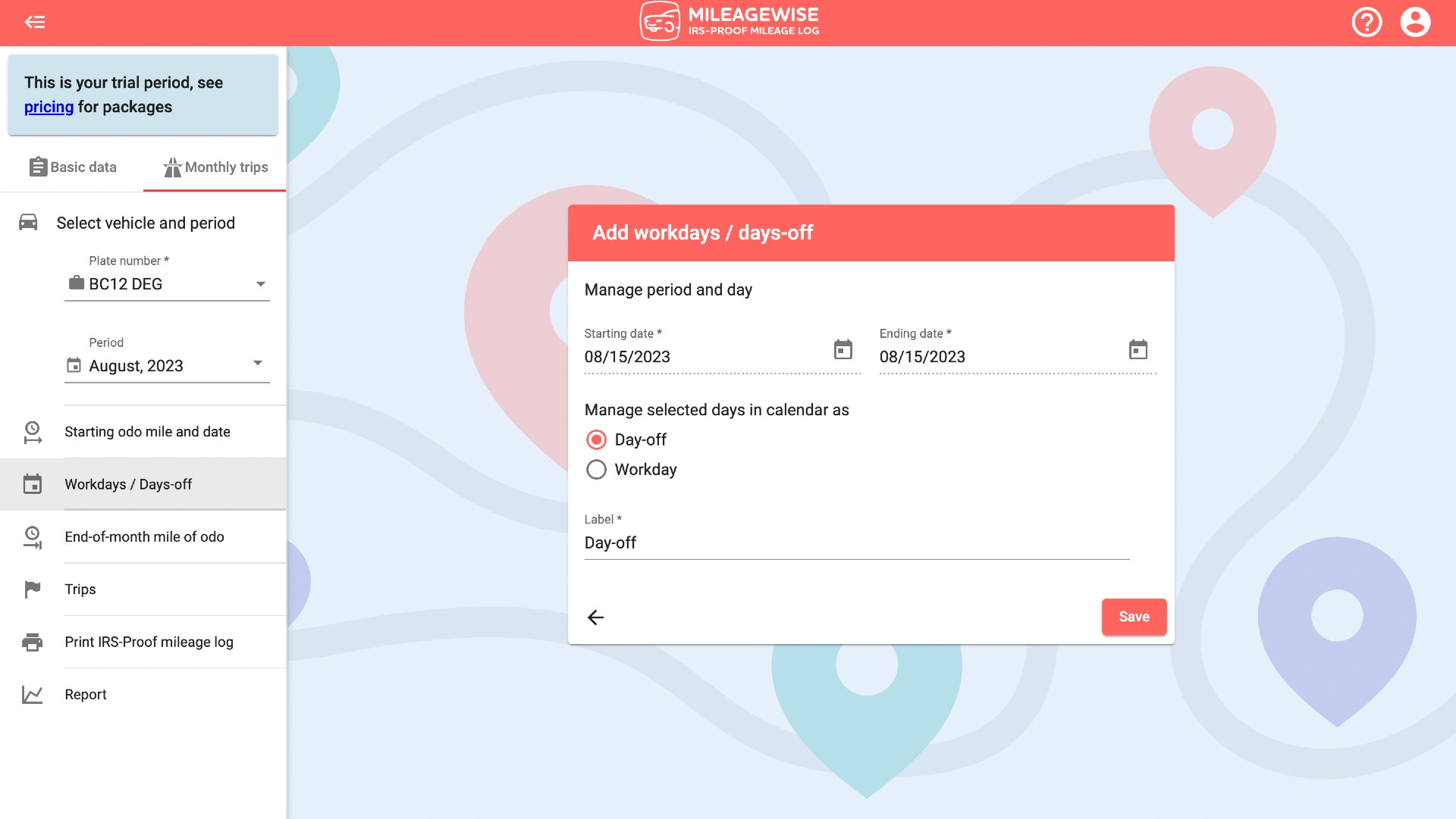 change a day's status from day-off to workday and vice versa in the mileagewise web dashboard calendar