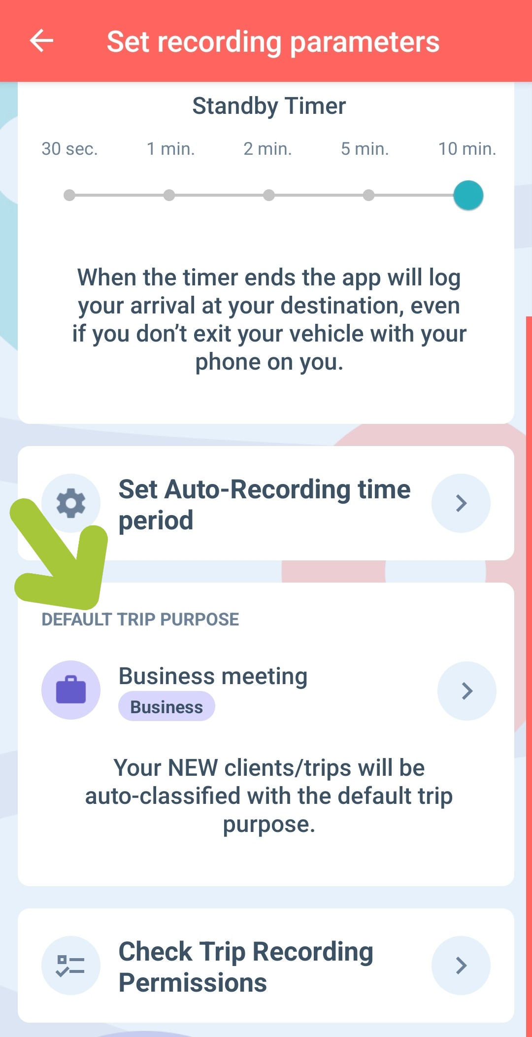 setting default trip purpose in the mileagewise app