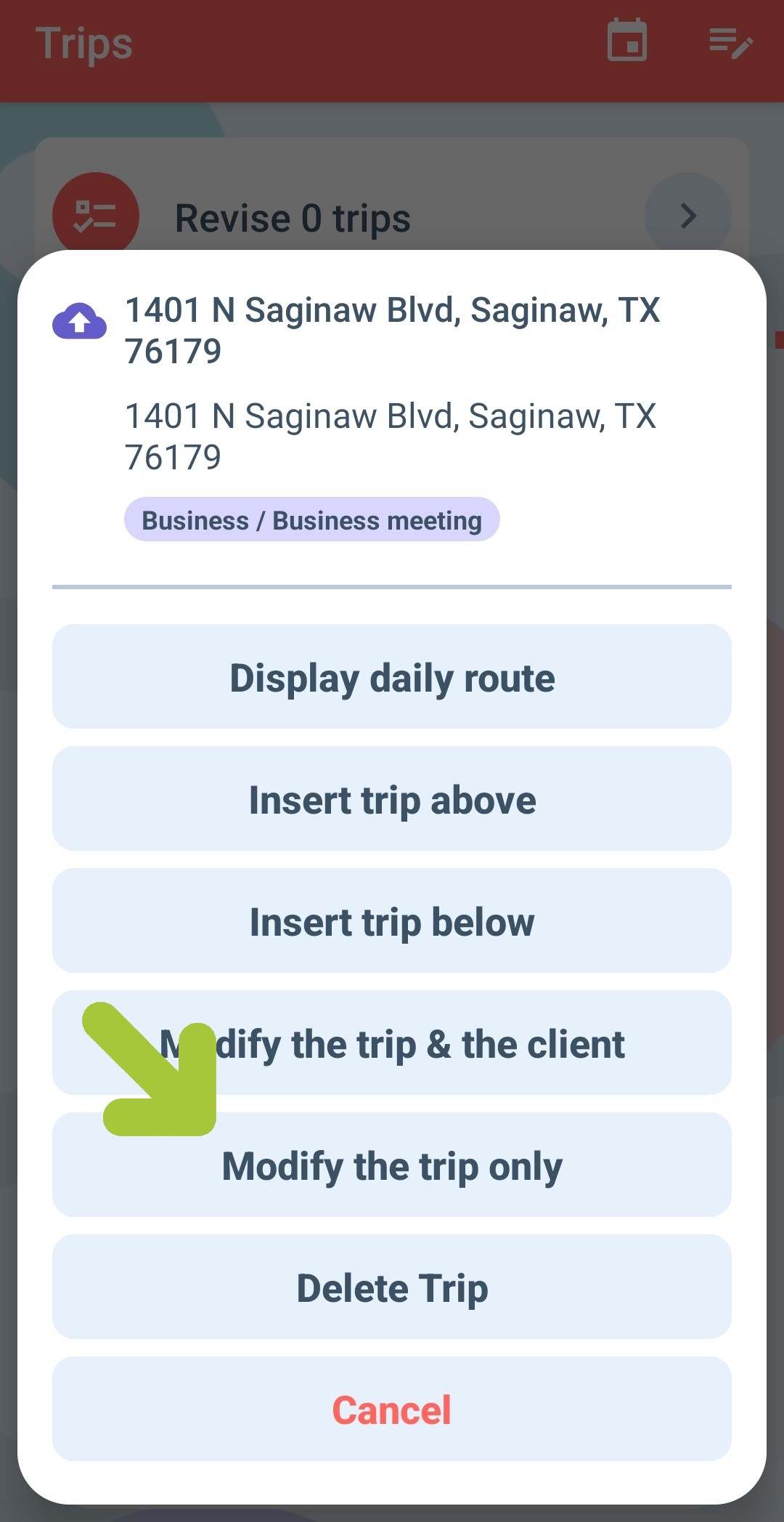 modify the trip only in the mileagewise app 