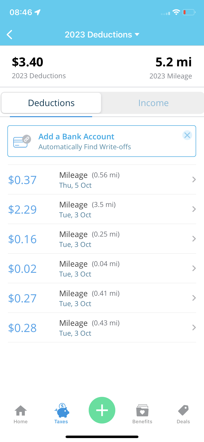 stride app screen showing mileage tax deduction for trips recorded