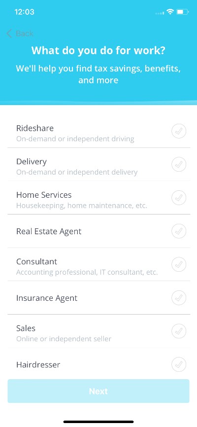 select the type of work you do on the stride mobile app screen