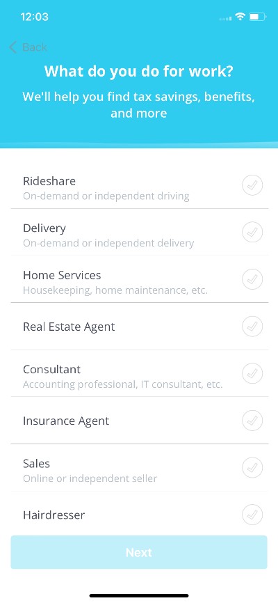 select the type of work you do on the stride mobile app screen