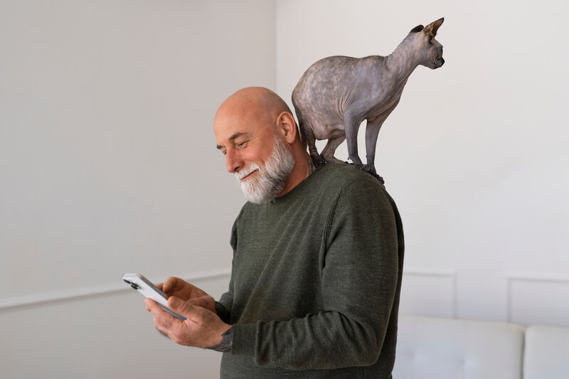 wag caregiver with a cat on his shoulder opens his mileage tracker app