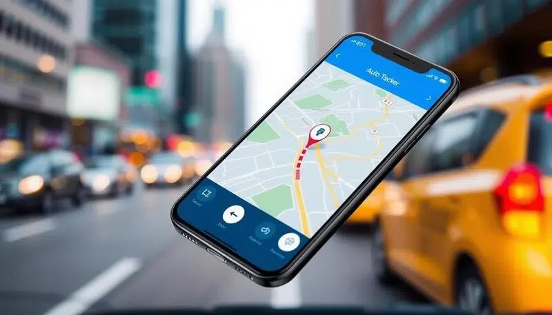 A sleek smartphone displaying a vibrant auto GPS tracker app interface, with a detailed map and a pinpoint showing a car's location, set against a background of blurred city streets and vehicles in motion, emphasizing modern technology and vehicle tracking.