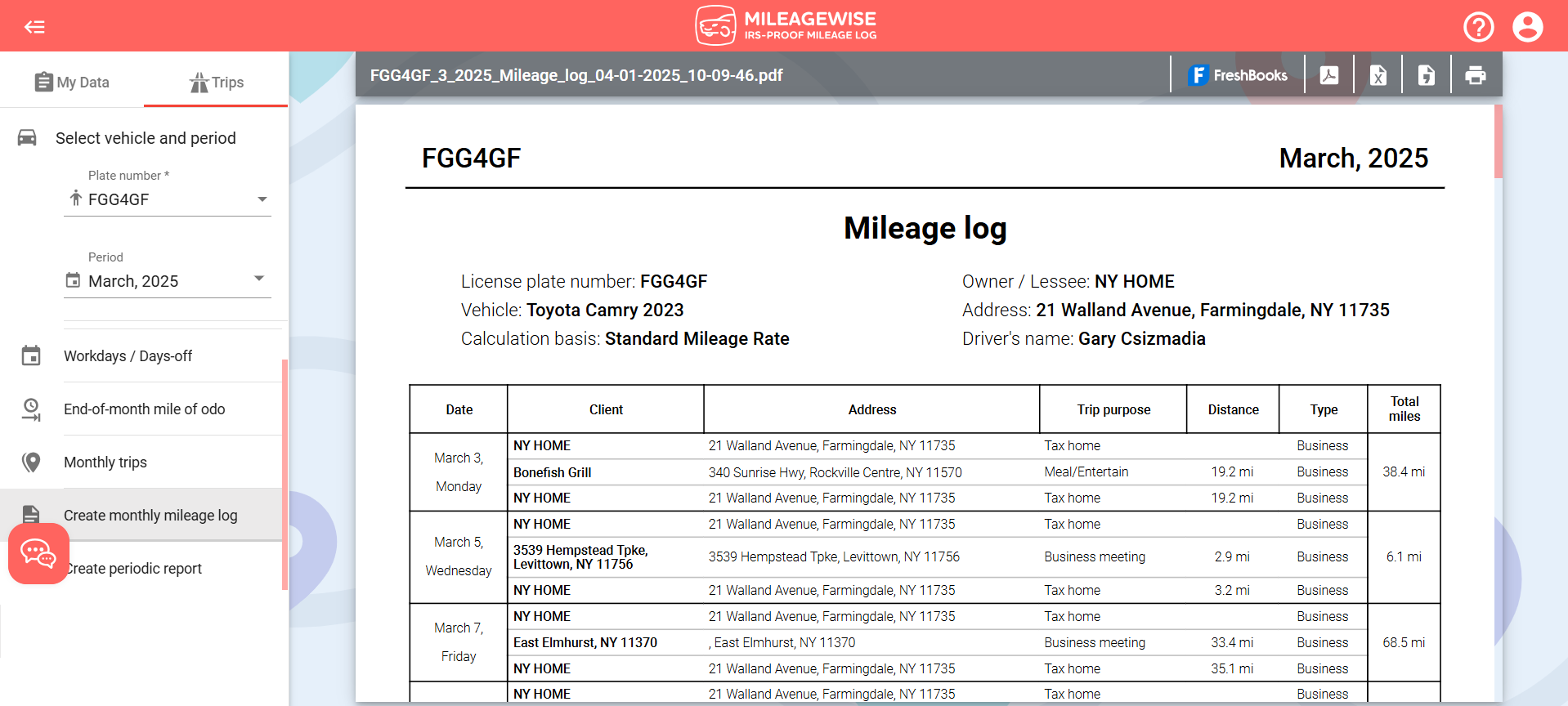 2025 mileage log