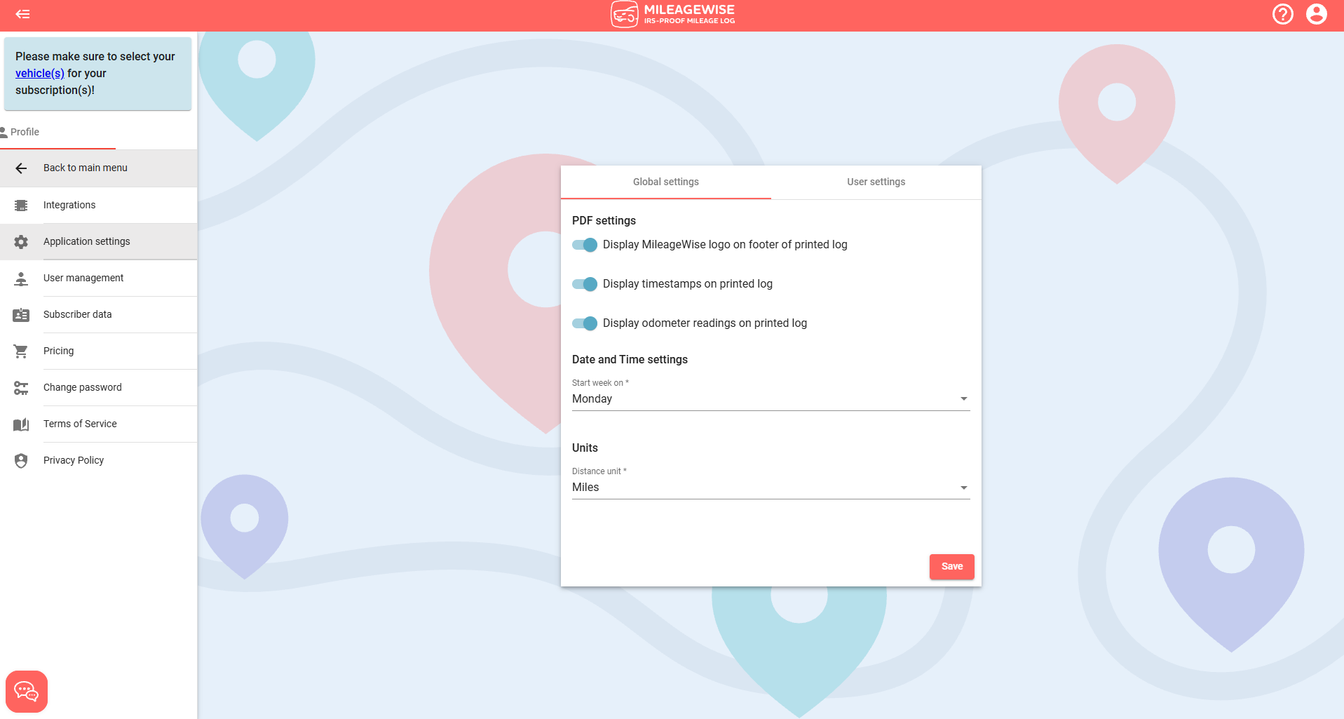 application settings