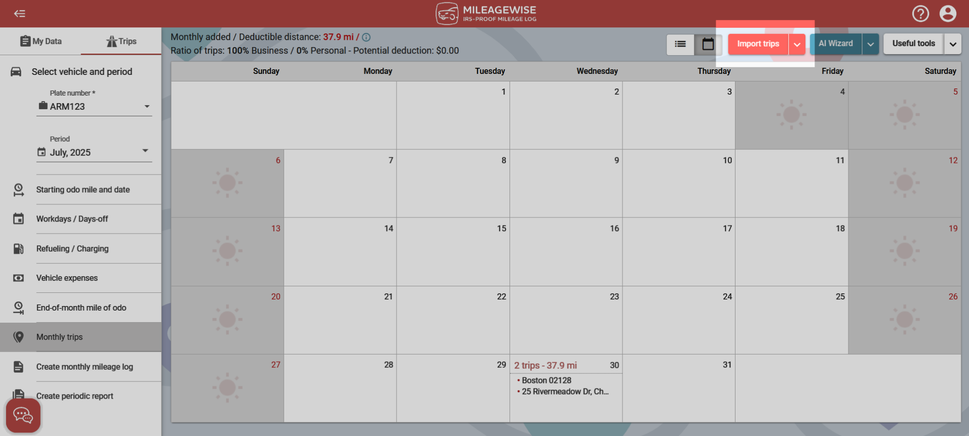 importing fixed trips for mileage log 2025