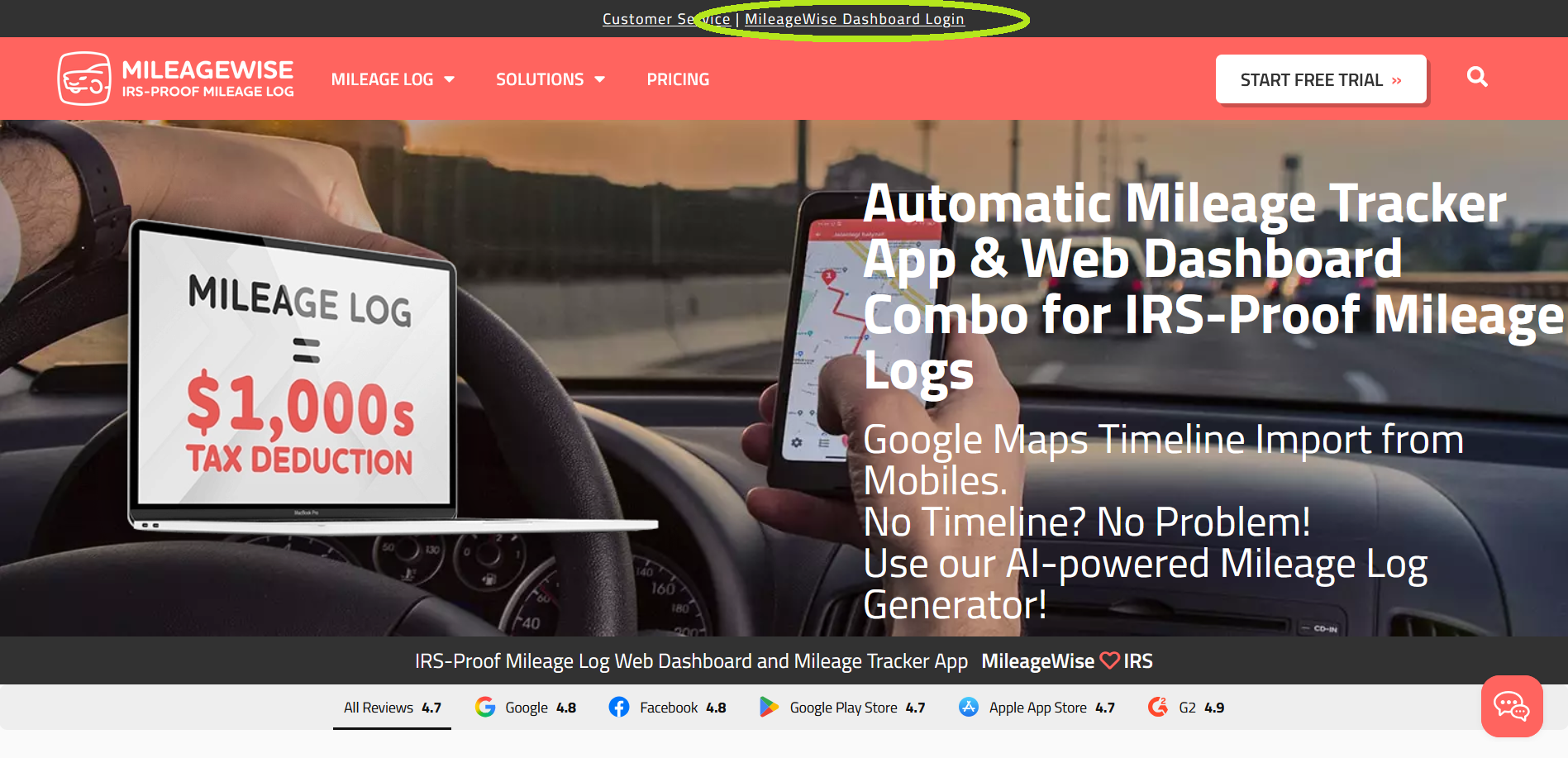 MileageWise Web Dashboard Login from Homepage
