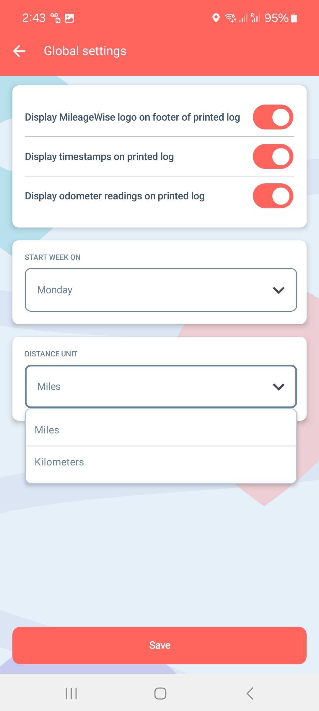 mileage log from google maps application settings android