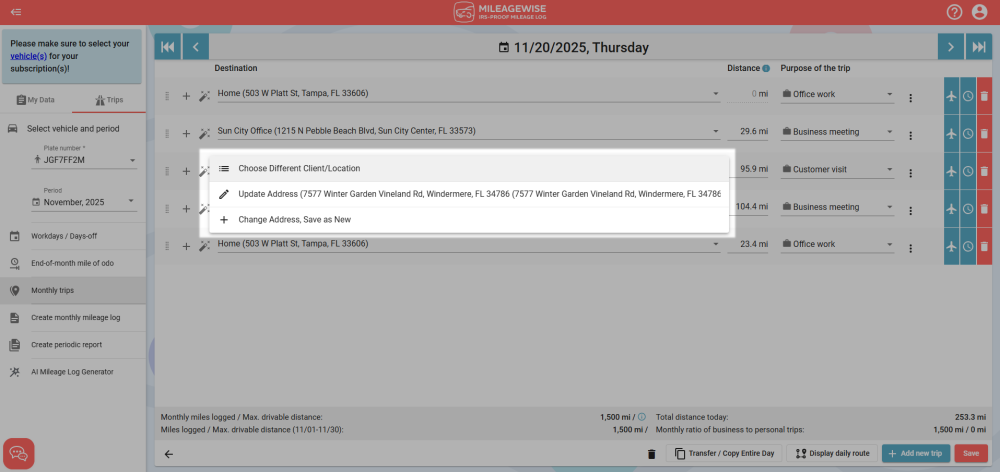 mileage log address change