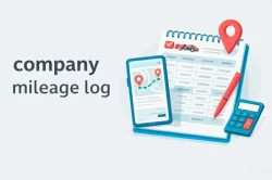 Company mileage log with tracker pen and calculator