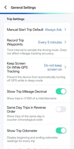 comparing best mileage tracker apps - Triplog settings