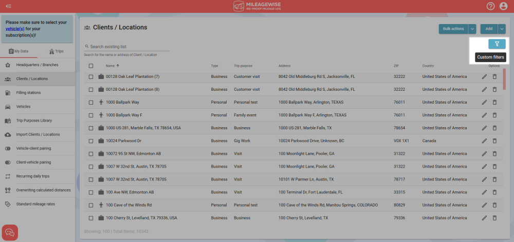 filter client locations