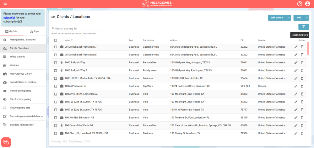 filter client locations