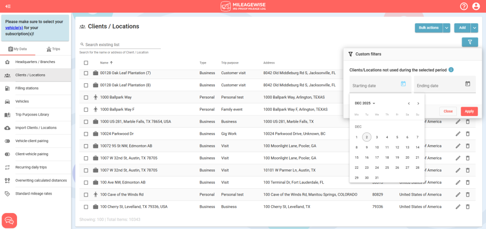 client locations filter options