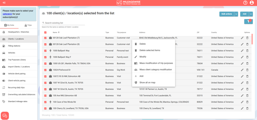 client location bulk modification options