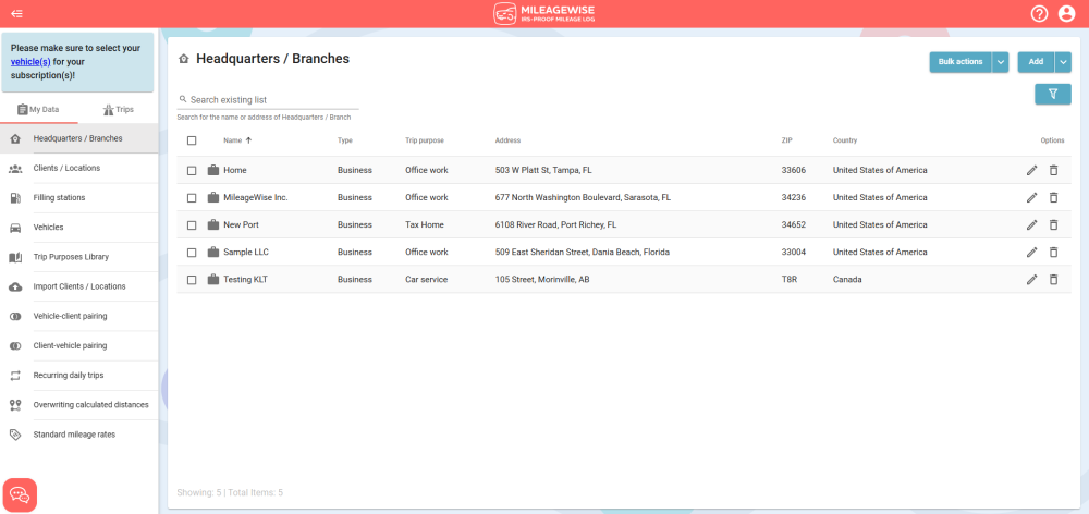 mileage log headquarters
